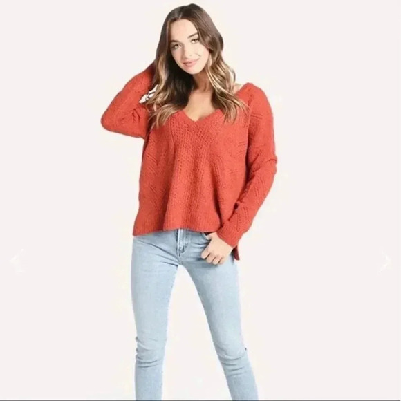 Cupcakes and Cashmere Soft V-Neck Drop Needle Sweater Burnt Orange L - Picture 1 of 11